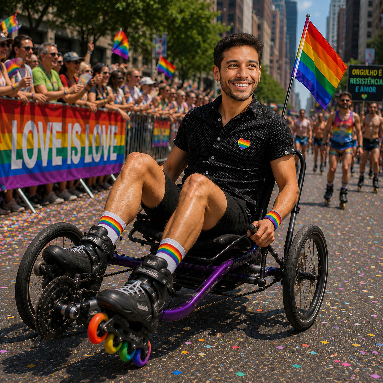 Dominic Sagona smiling at a Pride parade while riding a handcycle with rollerblades.