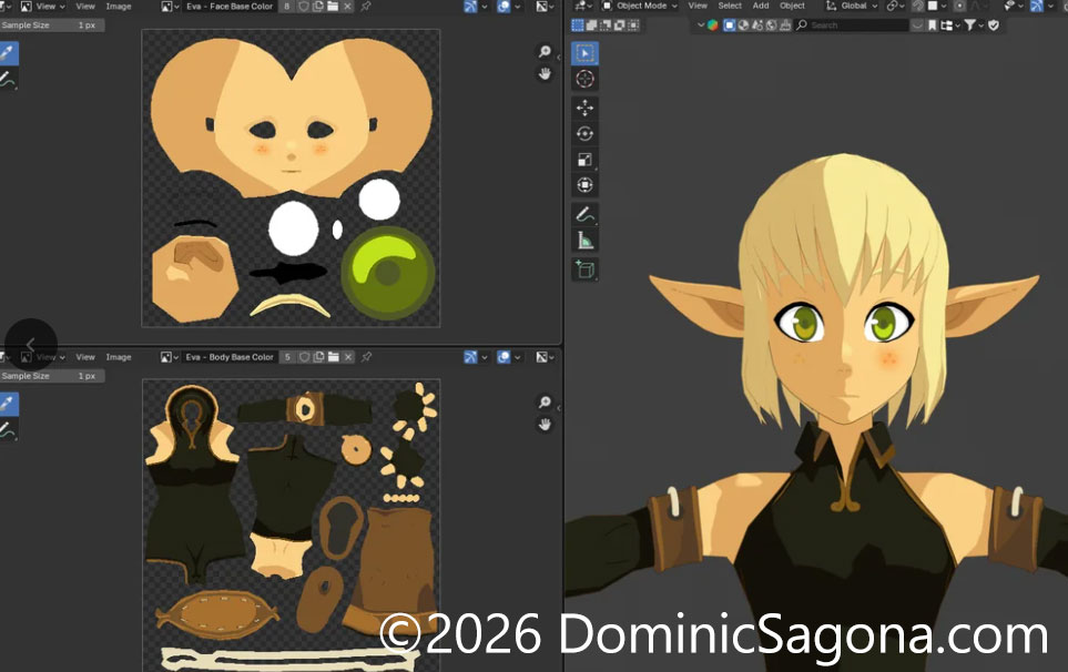 A CGI studio viewport showing texture maps beside a rendered character study.